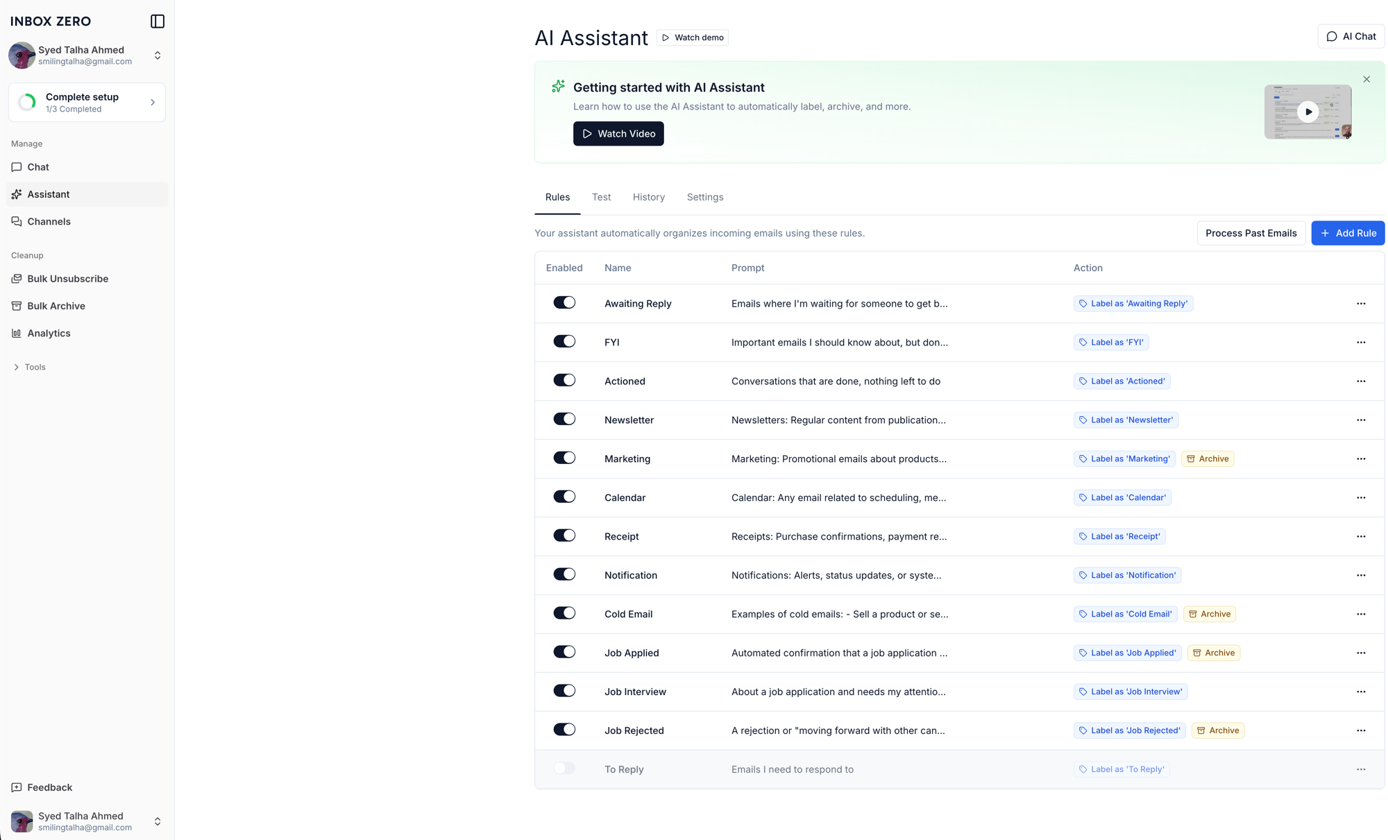 The AI Assistant rules list, showing the Job Applied, Job Interview, and Job Rejected rules alongside the app's defaults